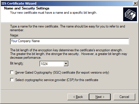 IIS Certificate Wizard - Name and Security Settings